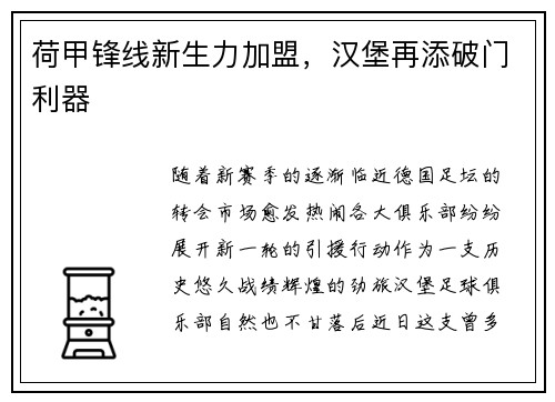 荷甲锋线新生力加盟，汉堡再添破门利器